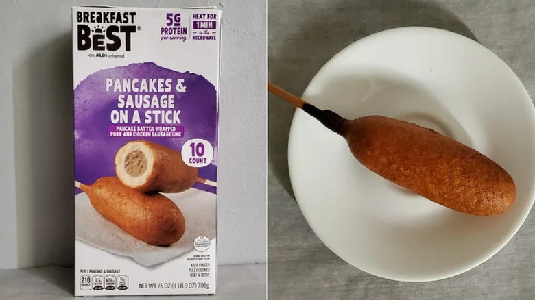 Exterior package and cooked version of Aldi's Breakfast Best pancakes and sausage on a stick