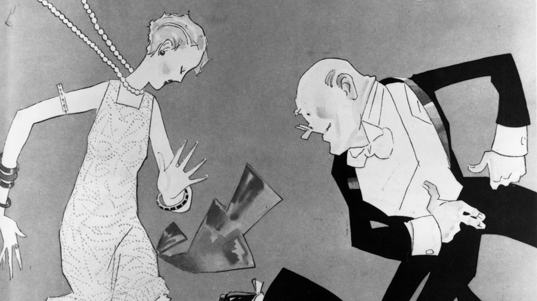 An illustration of a flapper dancing with a man in a tuxedo, 1920s
