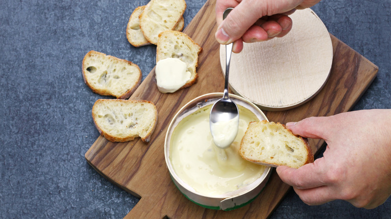 Someone scooping vacherin mont d'or onto a piece of bread.