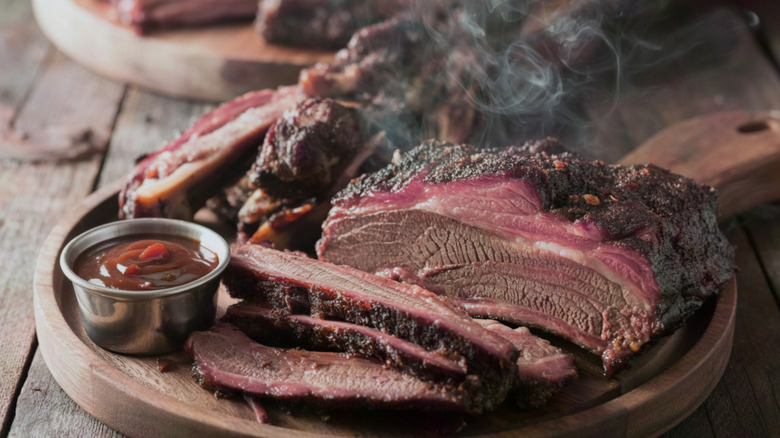 Smoked brisket on top of a platter with sauce