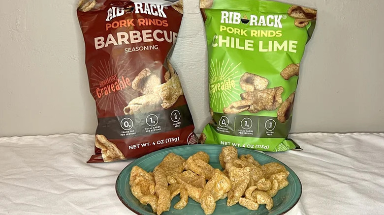 Two bags of Rib Rack pork rinds - barbecue and chile lime flavors