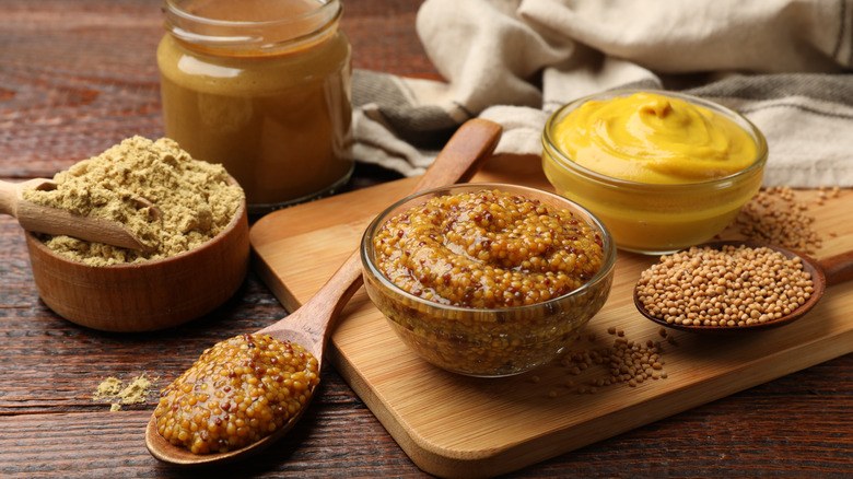 Different types of mustard, mustard seed, and mustard powder.