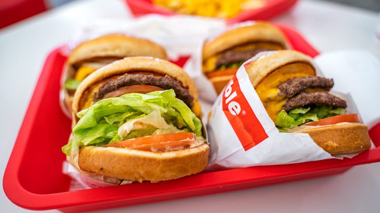 Double-double burgers on a tray at In-N-Out Burger.