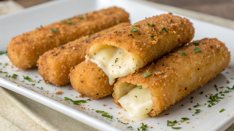 Golden fried mozzarella sticks are stacked on a white plate.