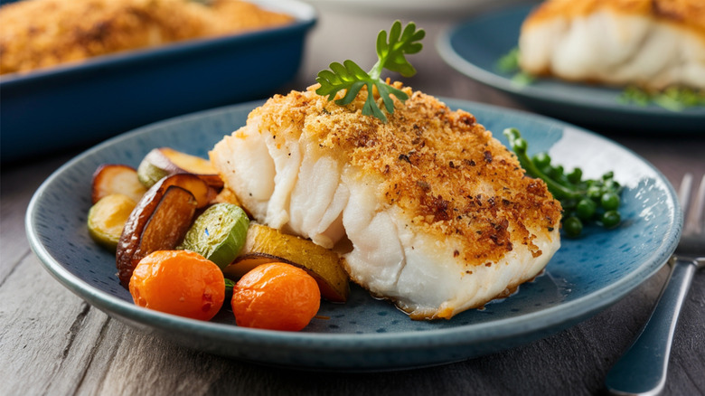 Cod with breadcrumbs and side of vegetables