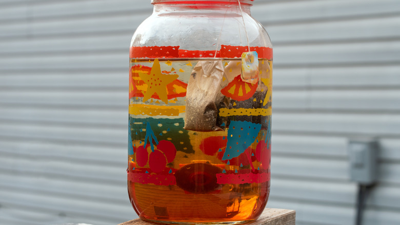 Pitcher of tea brewing in sun
