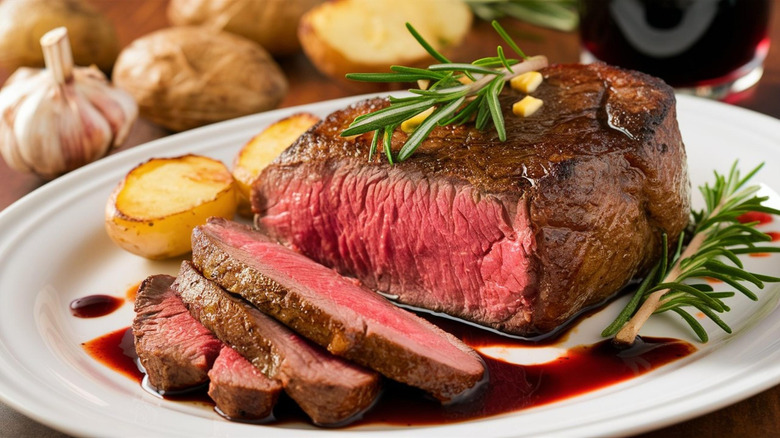 A beautiful steak cooked to medium rare and partially sliced.