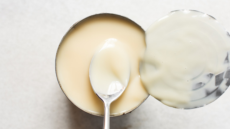 a can of condensed milk with a spoon on top