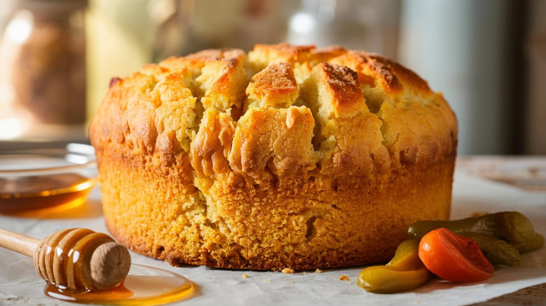 round loaf of cornbread served with honey