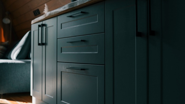 Kitchen cabinet with a dark green matte finish