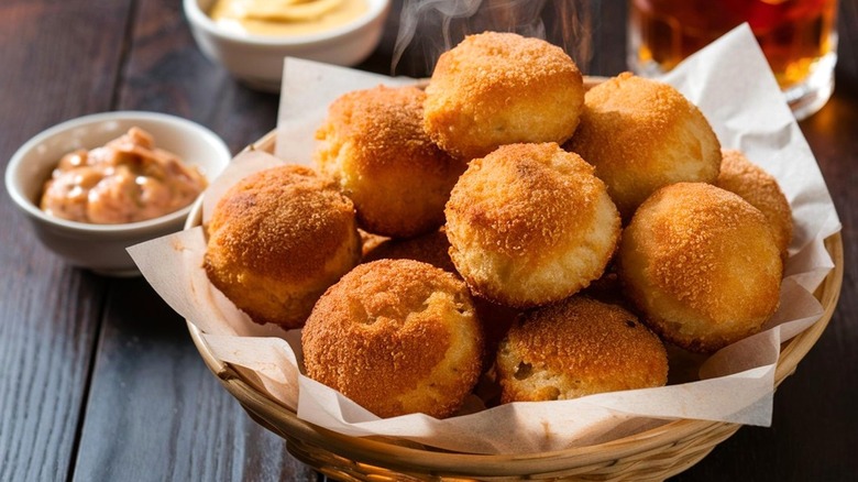 Hush puppies in basket with sauce on the side
