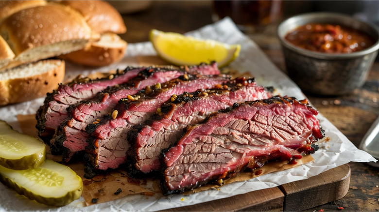 Brisket slices are arranged on a wooden board.