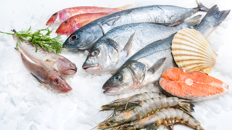 A variety of seafood displayed on a bed of ice