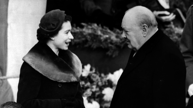 Winston Churchill talking to Queen Elizabeth