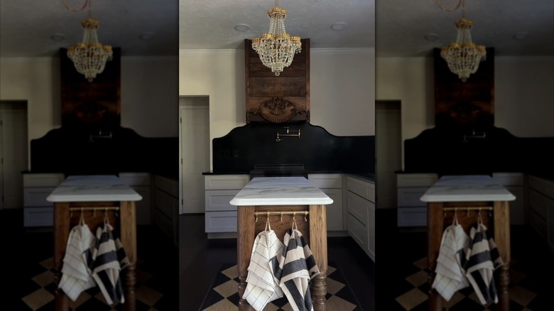 Vintage wooden headboard repurposed into a range hood
