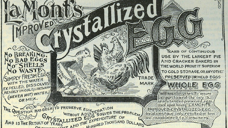 An early 1900s print advertisement for powdered eggs, featuring drawings of chickens and text about how 'crystallized eggs' are just like the real thing.