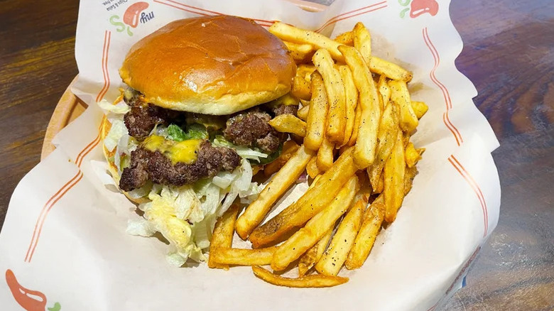 Chili's Double Smasher Burger served with french fries in a basket
