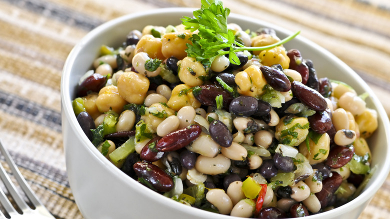 Bean salad in a white bowl