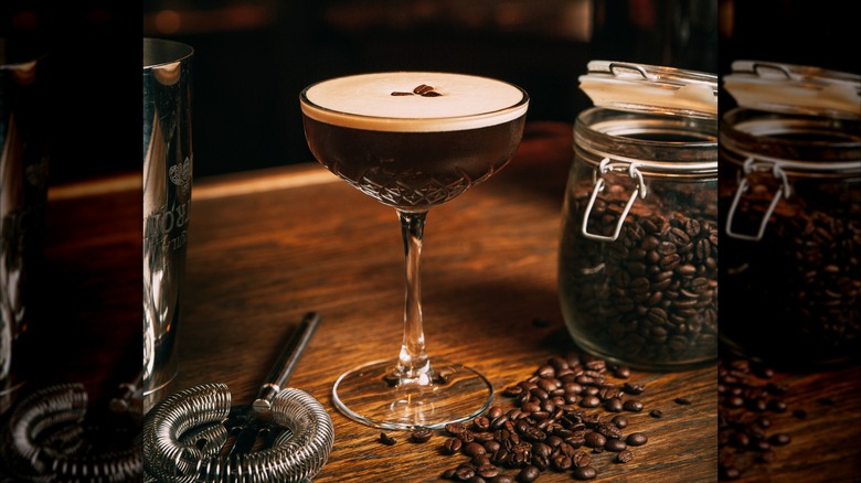 An espresso martini with coffee beans