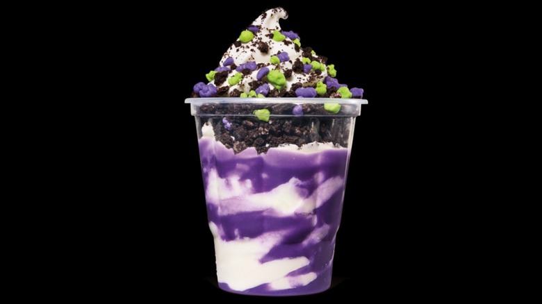 Burger King's Franken-Candy Sundae with vanilla ice cream, purple swirls, and candy/cookie toppings