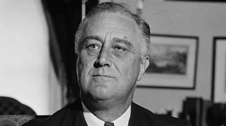 A black and white photo of Franklin D. Roosevelt