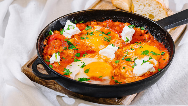 tomatoes, eggs, feta, and vegetables in cast iron skillet