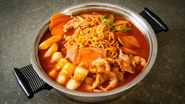 Noodle soup with Spam and other ingredients
