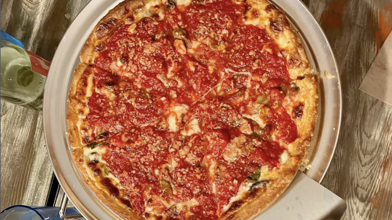 The Chicago Special from Wilsons Pizza in Wyoming served on a metal platter