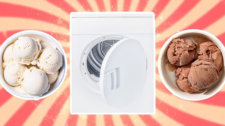 Composite image of ice cream bowls and clothes dryer on red and yellow background.