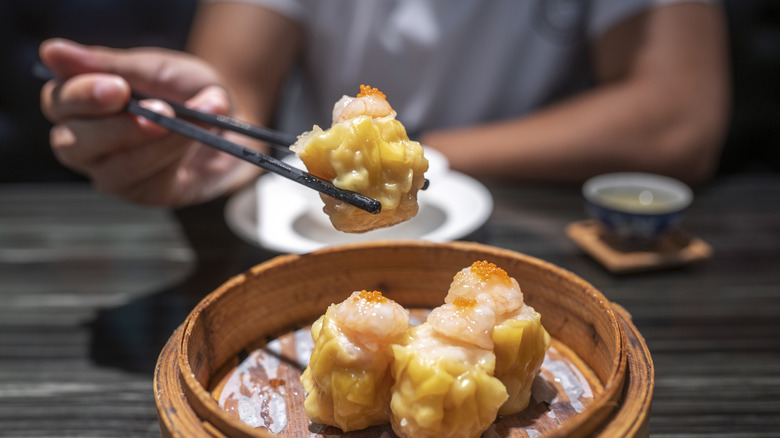 A person holds up a single piece of dim sum in chopsticks