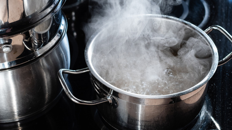 Pot of boiling water on stovetop next to other pots.