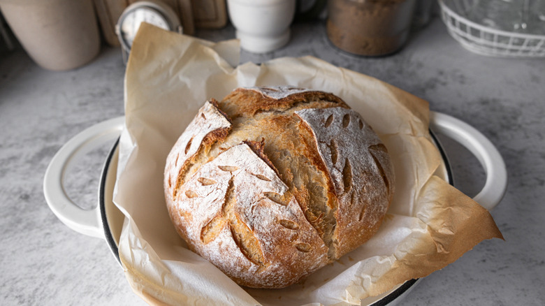 A round loaf of sourdough bread