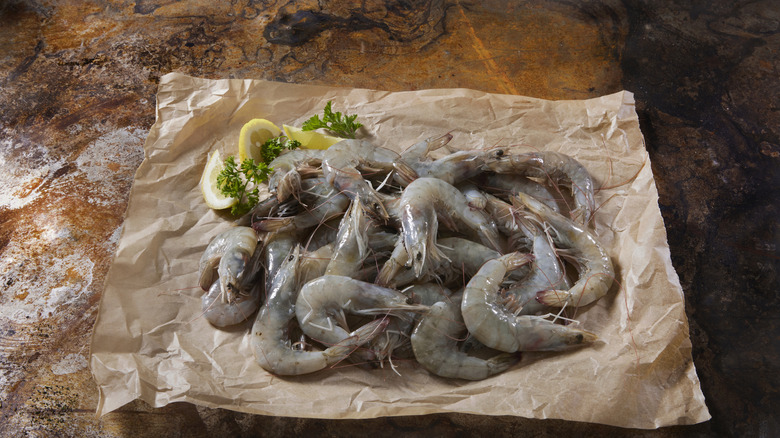 Raw shrimp on paper