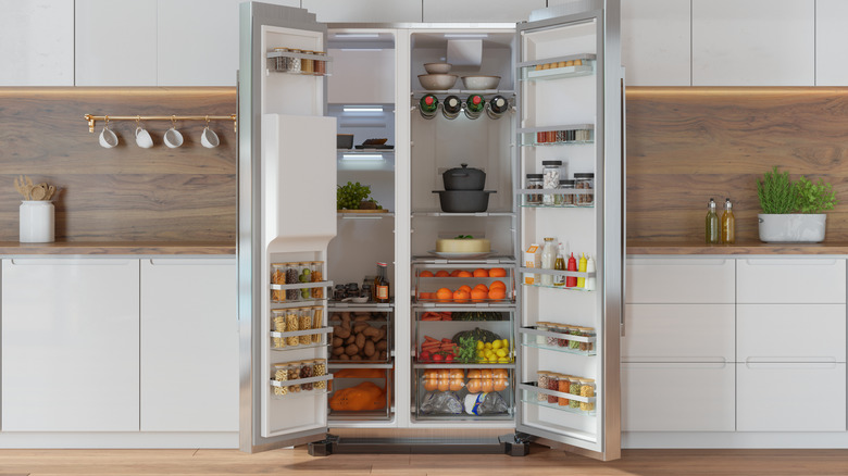 View of a side-by-side refrigerator with the doors open.