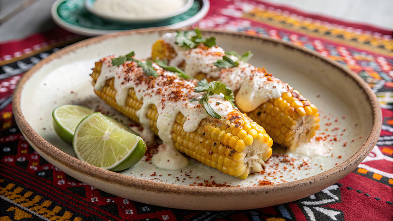 mexican street corn on a plate with lime wedges