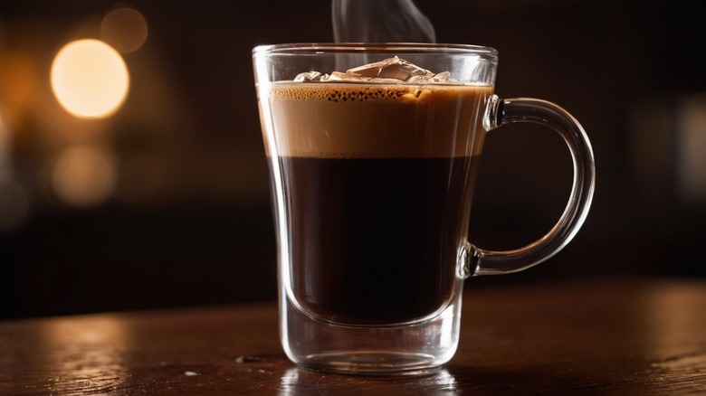 Close up of steaming glass coffee cup