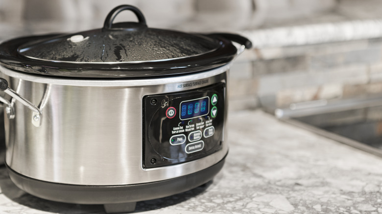 Food cooks in a slow cooker