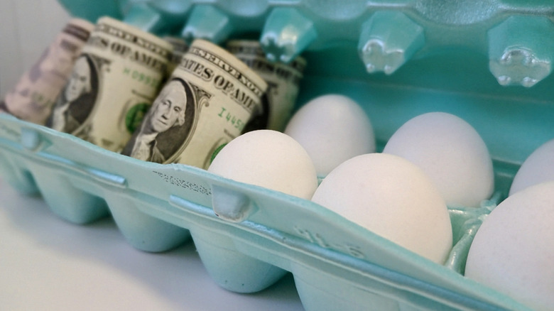 Eggs appear beside dollar bills in a carton.