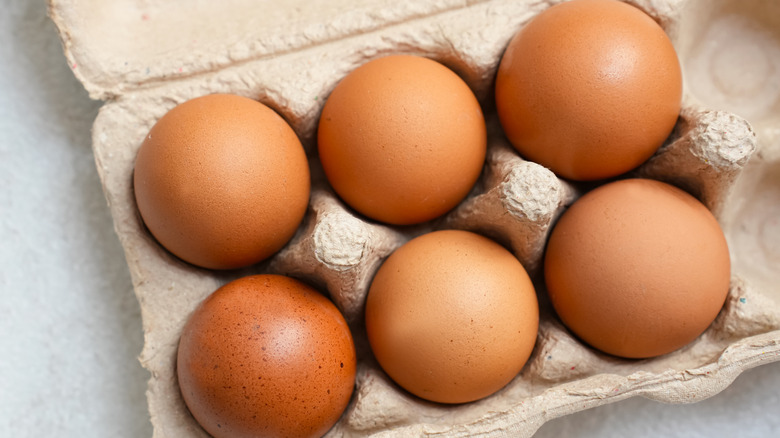 A carton of brown eggs in closeup.