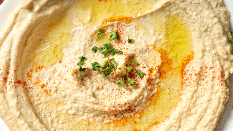 A close-up plate of hummus