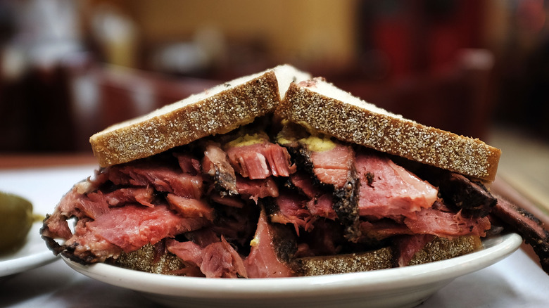 Close-up of a pastrami sandwich at Katz's Deli