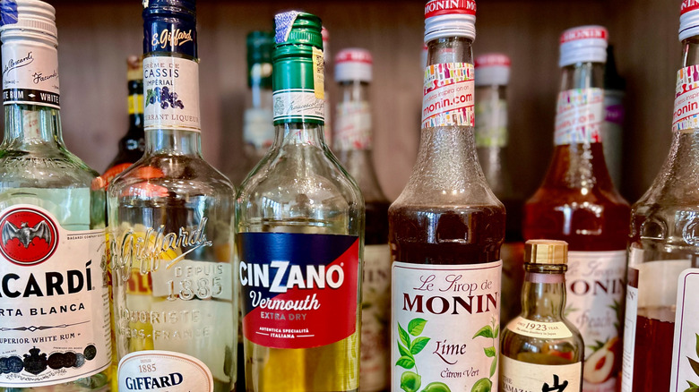 Liquor bottles in a cabinet