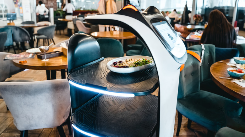 Robot waiter brings a plate of food to a restaurant table