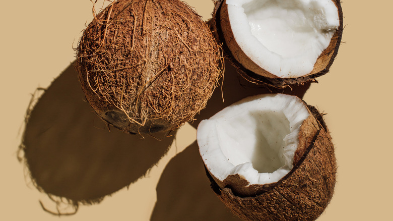 A full coconut next to two broken half pieces of a coconut