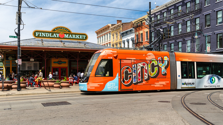 Cincinnati streetcar in front of Findlay Market