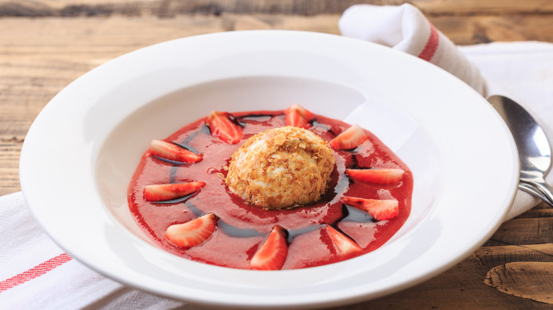 Strawberry soup with chocolate balsamic vinaigrette and fried ice cream