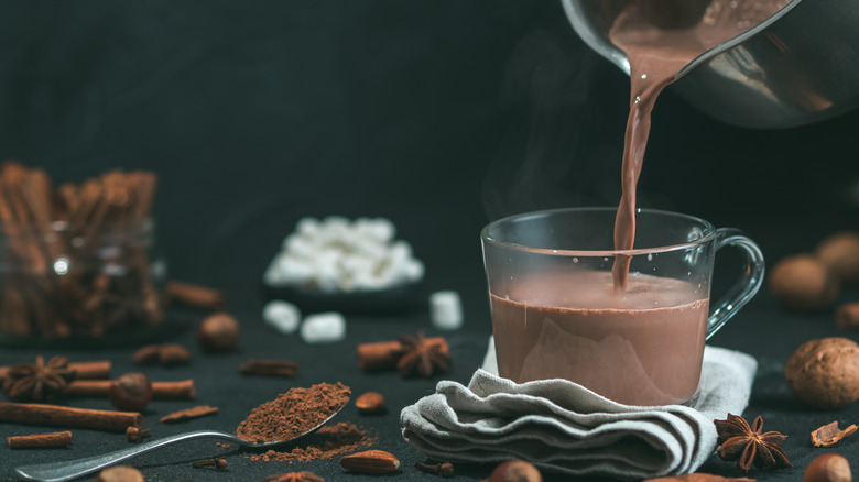 Pouring hot cocoa into a mug