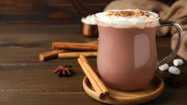 Mug of hot chocolate with cinnamon sticks