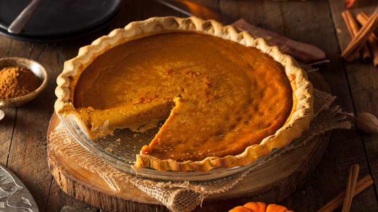 Dish of pumpkin pie with spice taken out.