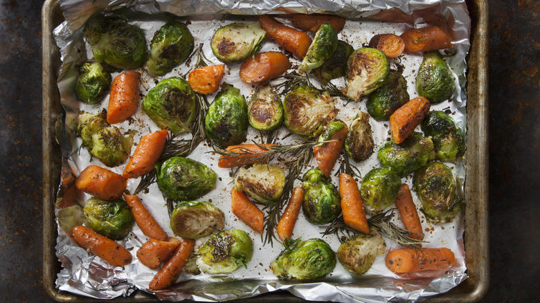 Roasted vegetables on baking sheet 